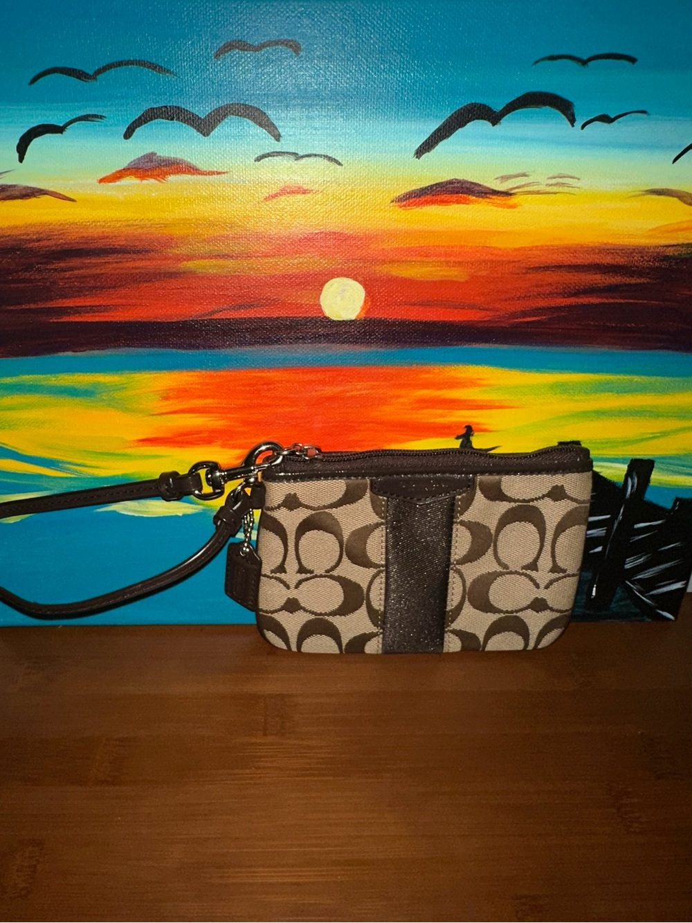 Coach Signature Canvas Wristlet in Khaki and Chocolate